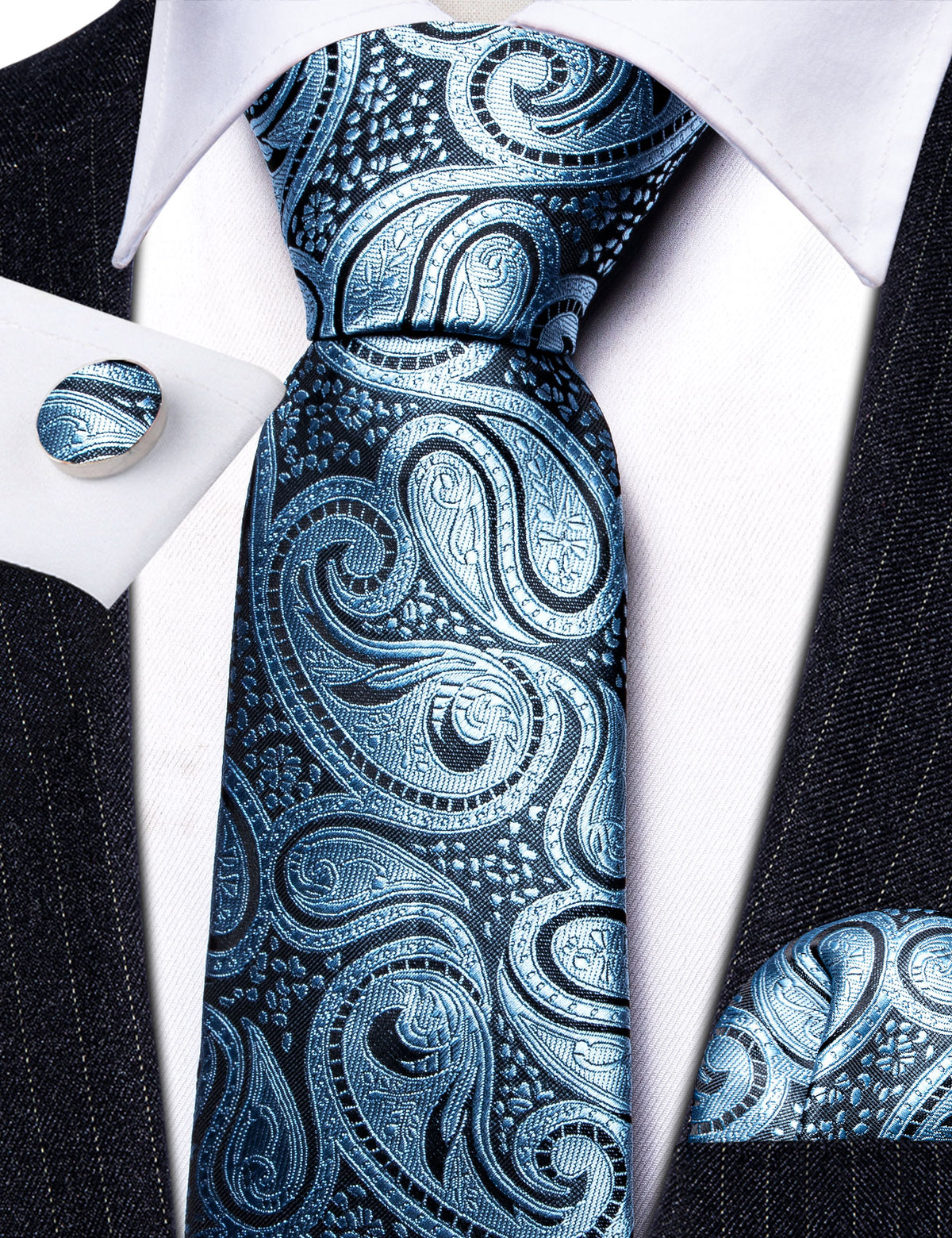 Light Blue Paisley Silk Tie, Pocket Square and Cufflinks Set tie sets - Sophisticated Gentlemen