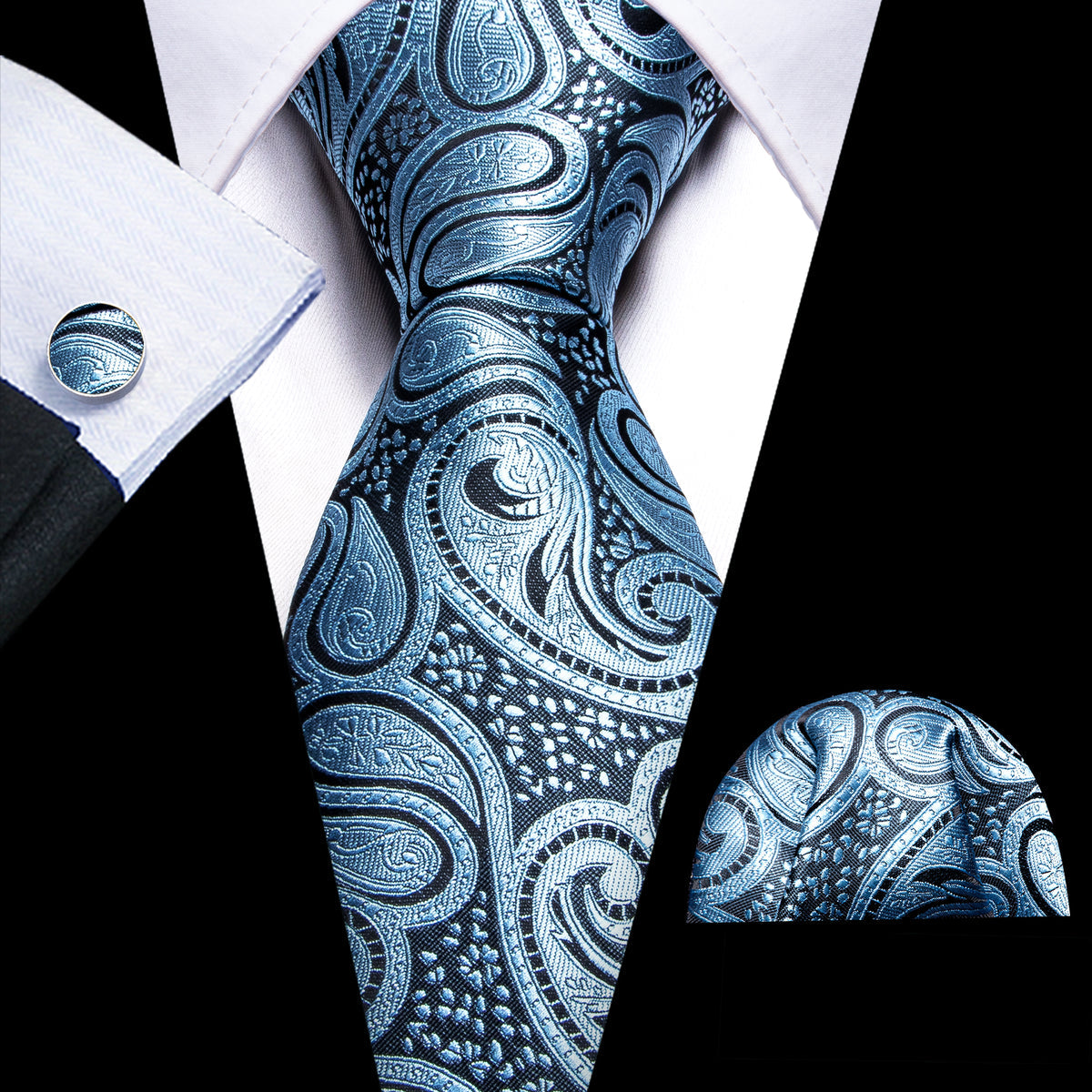 Light Blue Paisley Silk Tie, Pocket Square and Cufflinks Set tie sets - Sophisticated Gentlemen