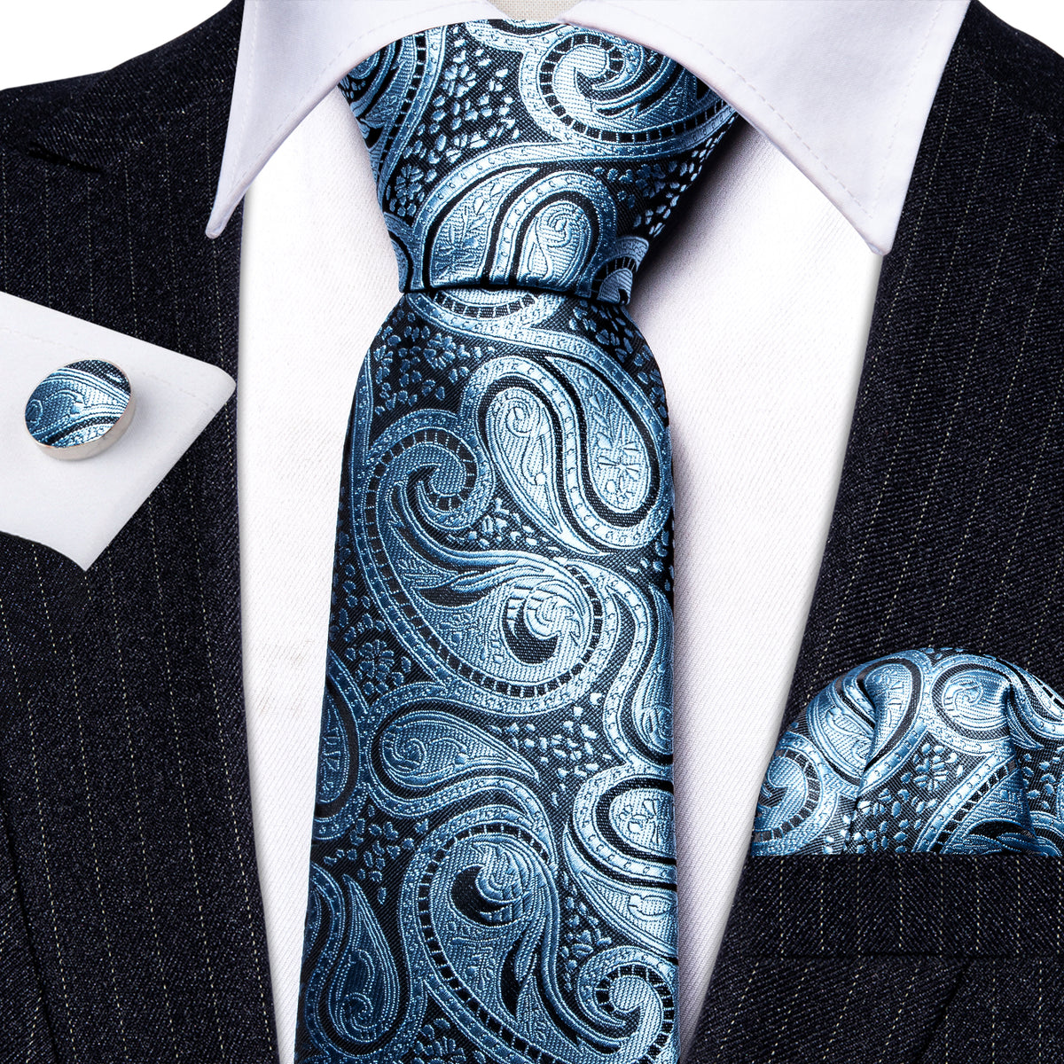 Light Blue Paisley Silk Tie, Pocket Square and Cufflinks Set tie sets - Sophisticated Gentlemen