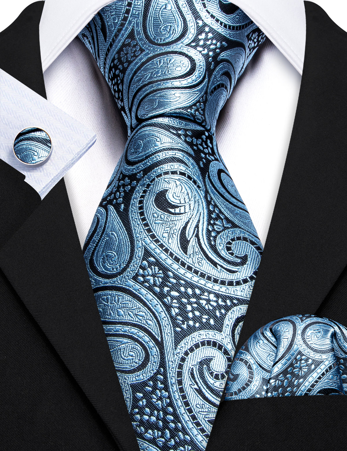 Light Blue Paisley Silk Tie, Pocket Square and Cufflinks Set tie sets - Sophisticated Gentlemen