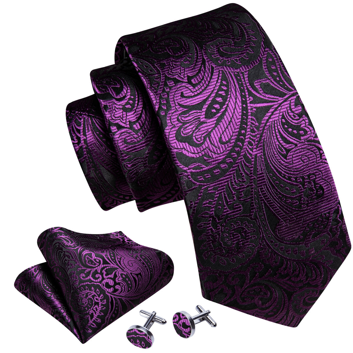 Luxury Purple Black Silk Tie, Pocket Square and Cufflinks Set tie sets - Sophisticated Gentlemen