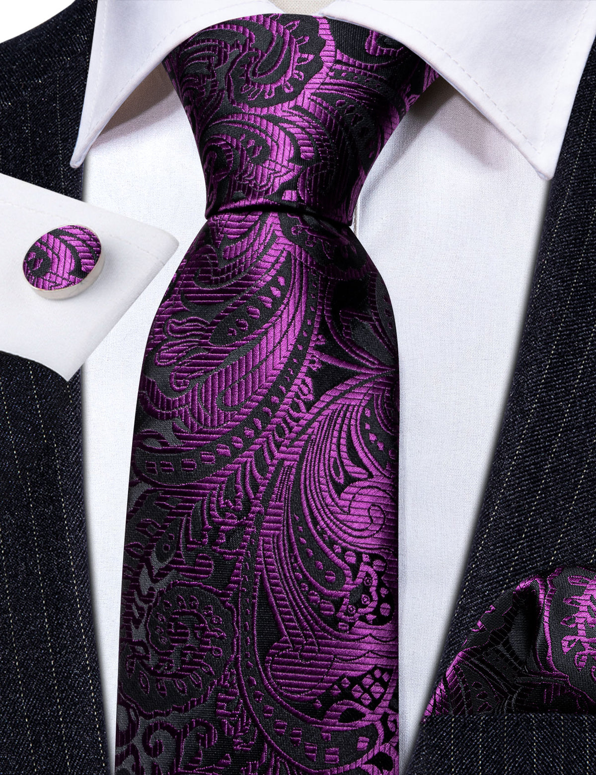 Luxury Purple Black Silk Tie, Pocket Square and Cufflinks Set tie sets - Sophisticated Gentlemen