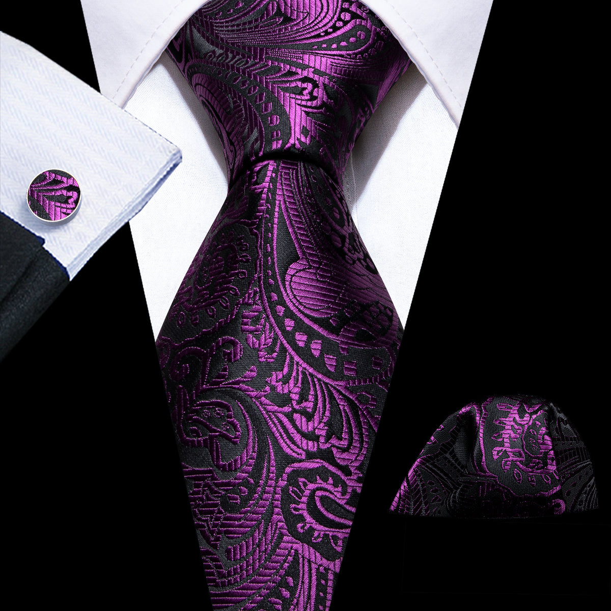 Luxury Purple Black Silk Tie, Pocket Square and Cufflinks Set tie sets - Sophisticated Gentlemen