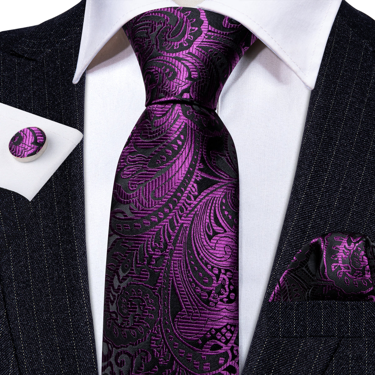 Luxury Purple Black Silk Tie, Pocket Square and Cufflinks Set tie sets - Sophisticated Gentlemen