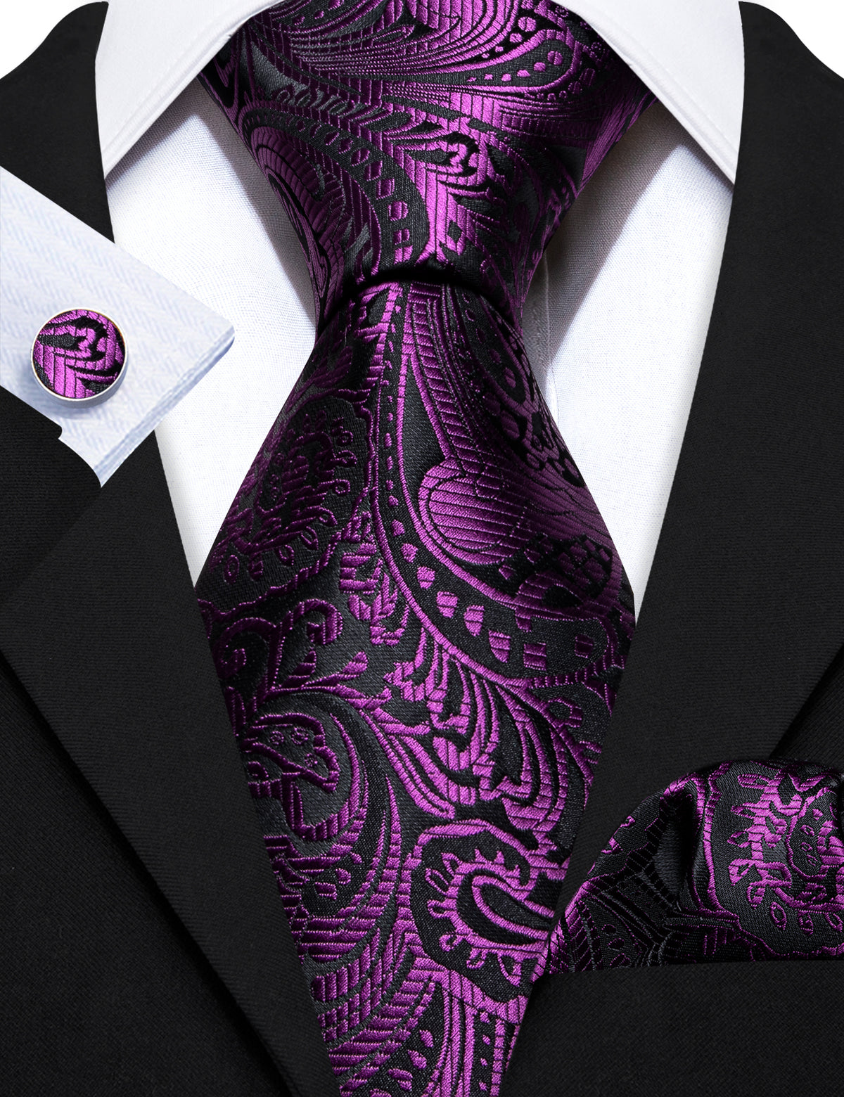 Luxury Purple Black Silk Tie, Pocket Square and Cufflinks Set tie sets - Sophisticated Gentlemen