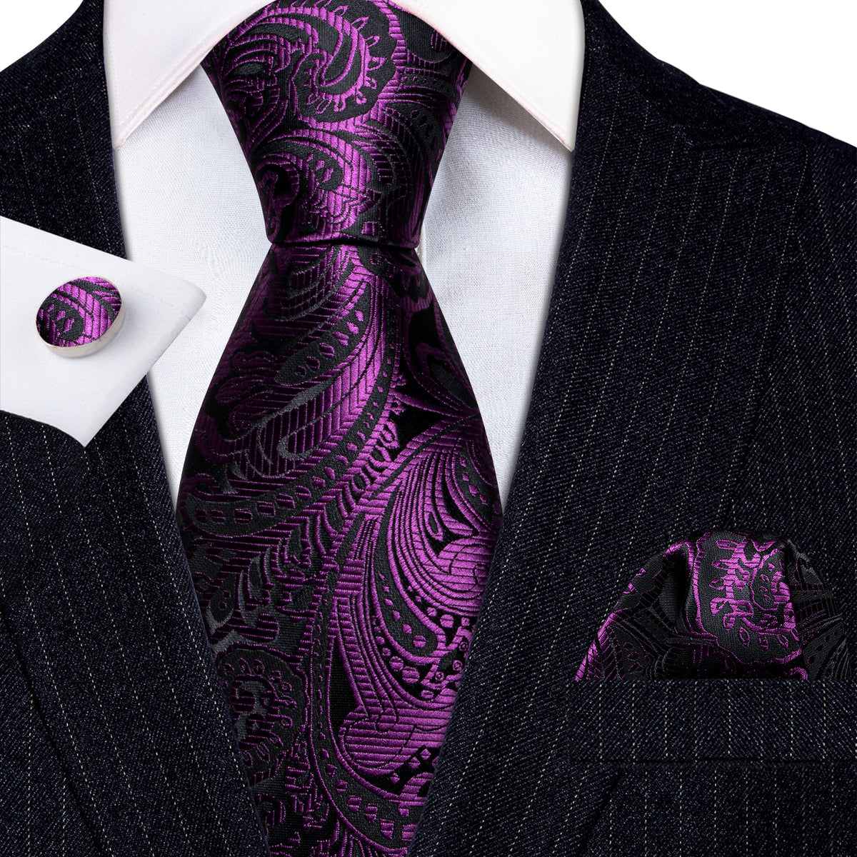 Luxury Purple Black Silk Tie, Pocket Square and Cufflinks Set tie sets - Sophisticated Gentlemen