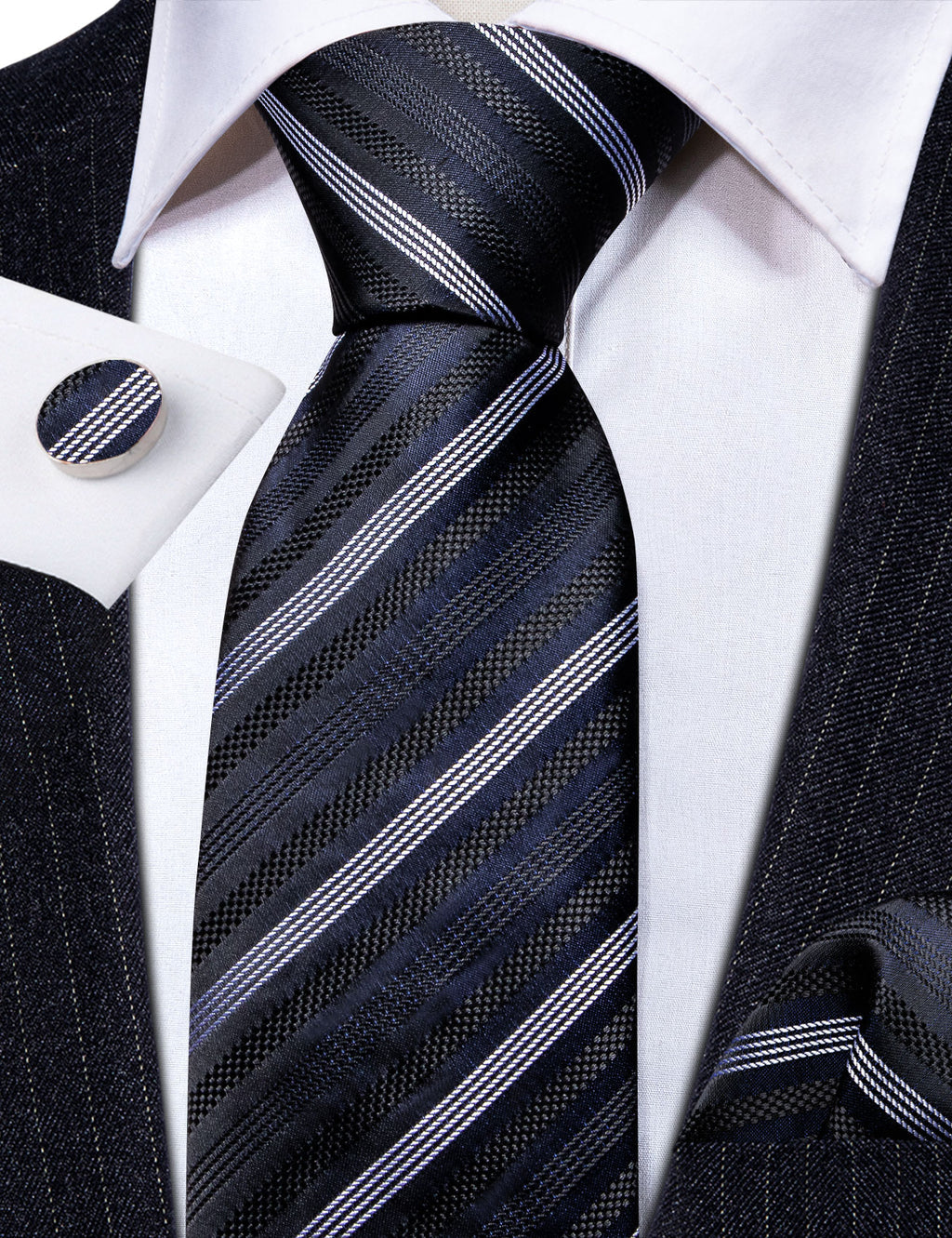 Black Gray Striped Silk Tie, Pocket Square and Cufflinks Set tie sets - Sophisticated Gentlemen