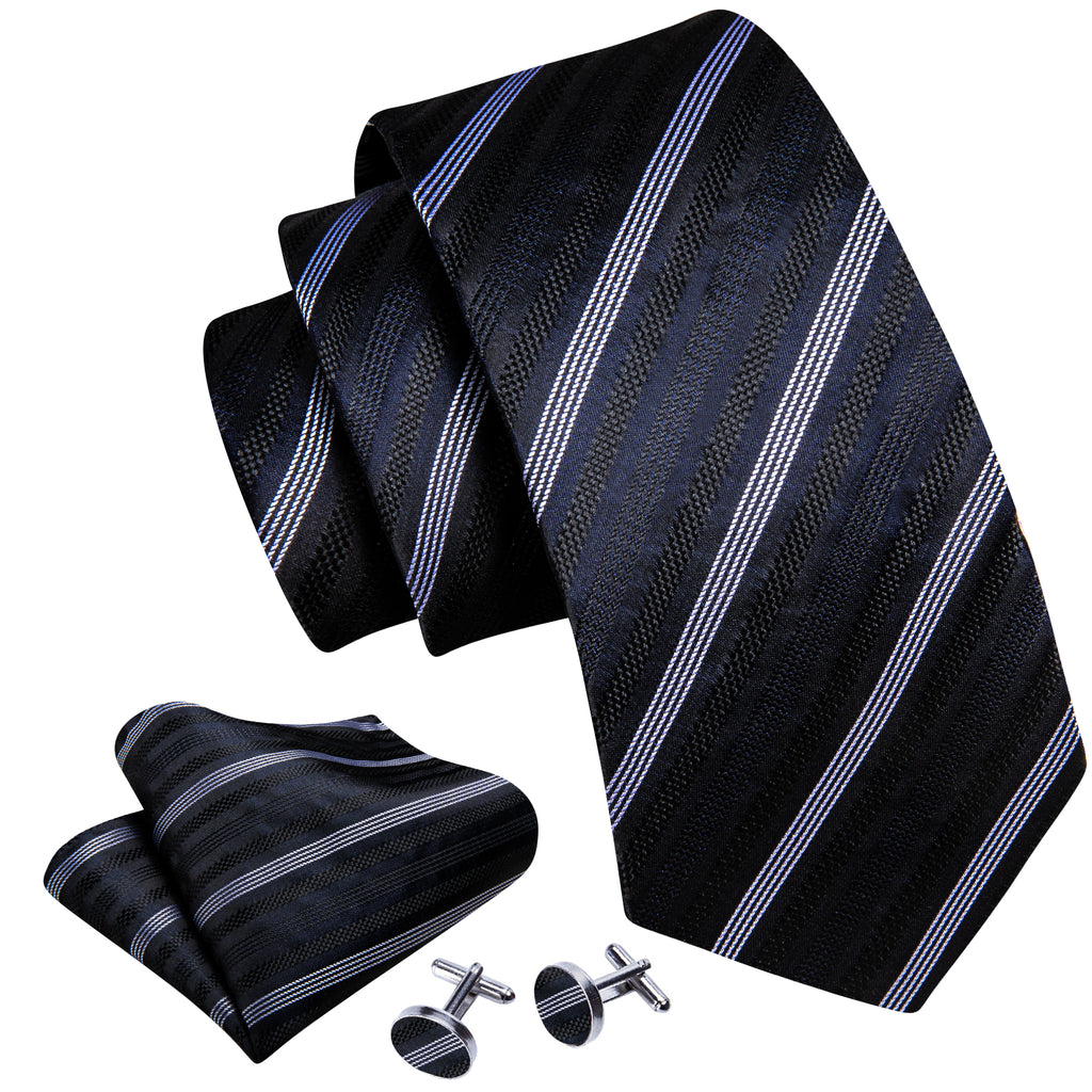 Black Gray Striped Silk Tie, Pocket Square and Cufflinks Set tie sets - Sophisticated Gentlemen