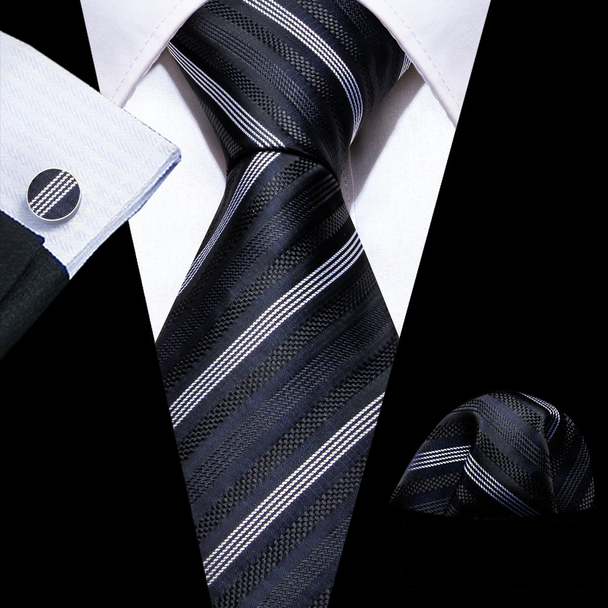 Black Gray Striped Silk Tie, Pocket Square and Cufflinks Set tie sets - Sophisticated Gentlemen