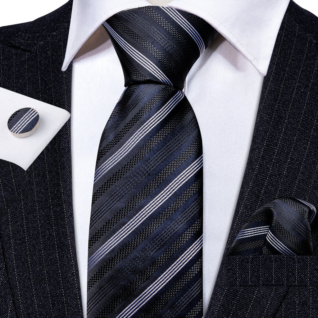 Black Gray Striped Silk Tie, Pocket Square and Cufflinks Set tie sets - Sophisticated Gentlemen