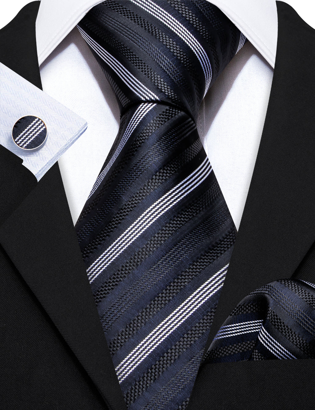 Black Gray Striped Silk Tie, Pocket Square and Cufflinks Set tie sets - Sophisticated Gentlemen