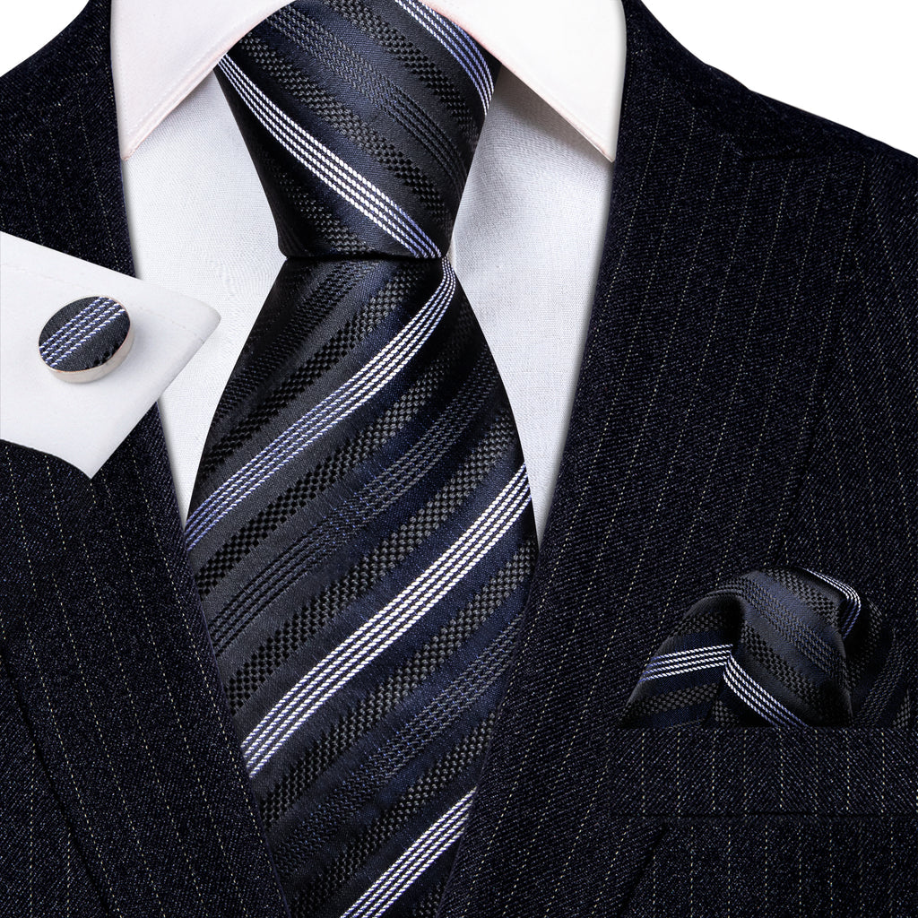 Black Gray Striped Silk Tie, Pocket Square and Cufflinks Set tie sets - Sophisticated Gentlemen