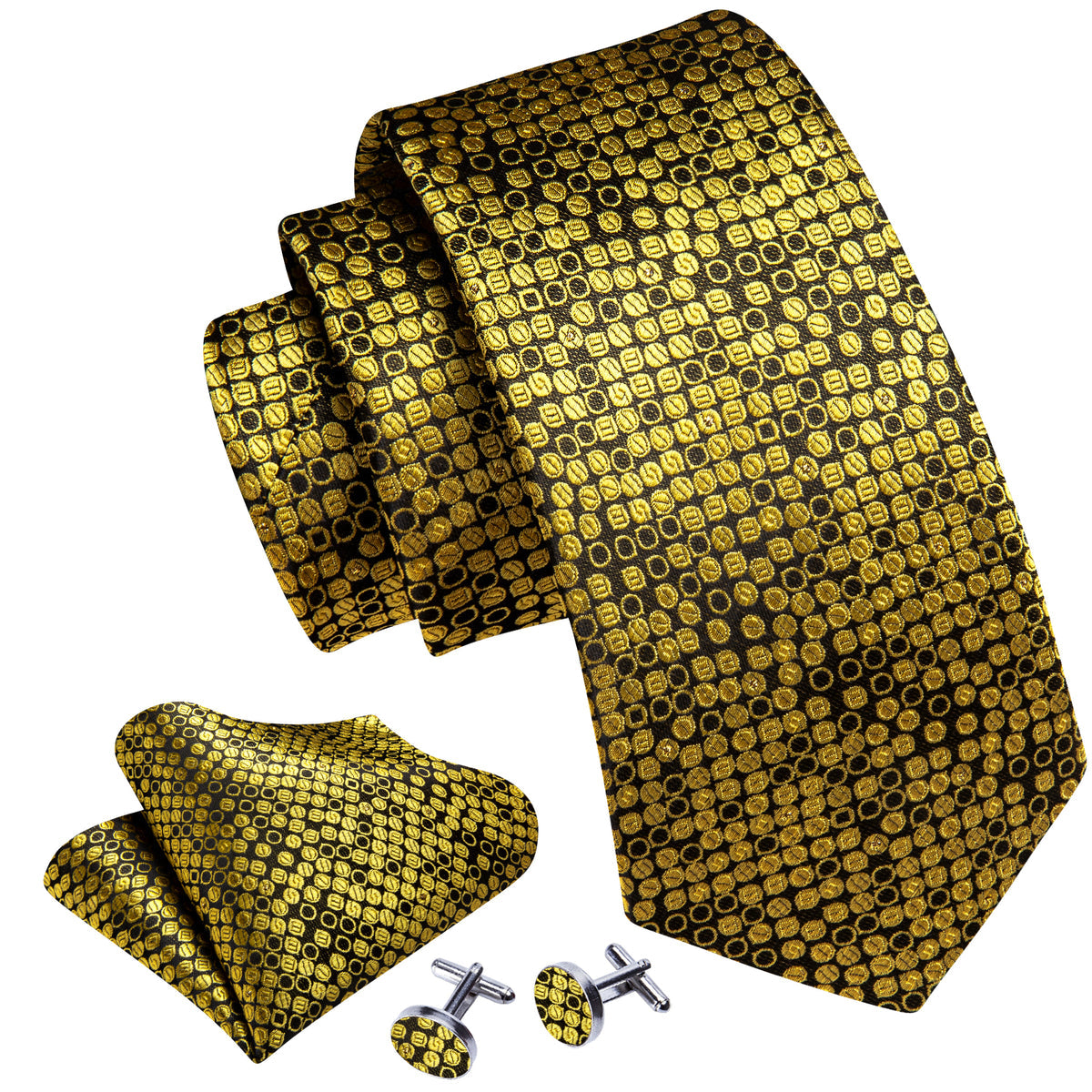 Gold Black Round Silk Tie, Pocket Square and Cufflinks Set tie sets - Sophisticated Gentlemen