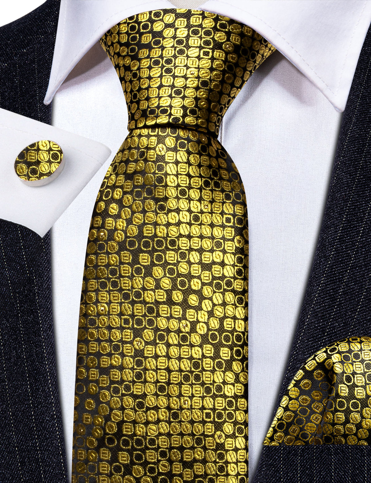 Gold Black Round Silk Tie, Pocket Square and Cufflinks Set tie sets - Sophisticated Gentlemen