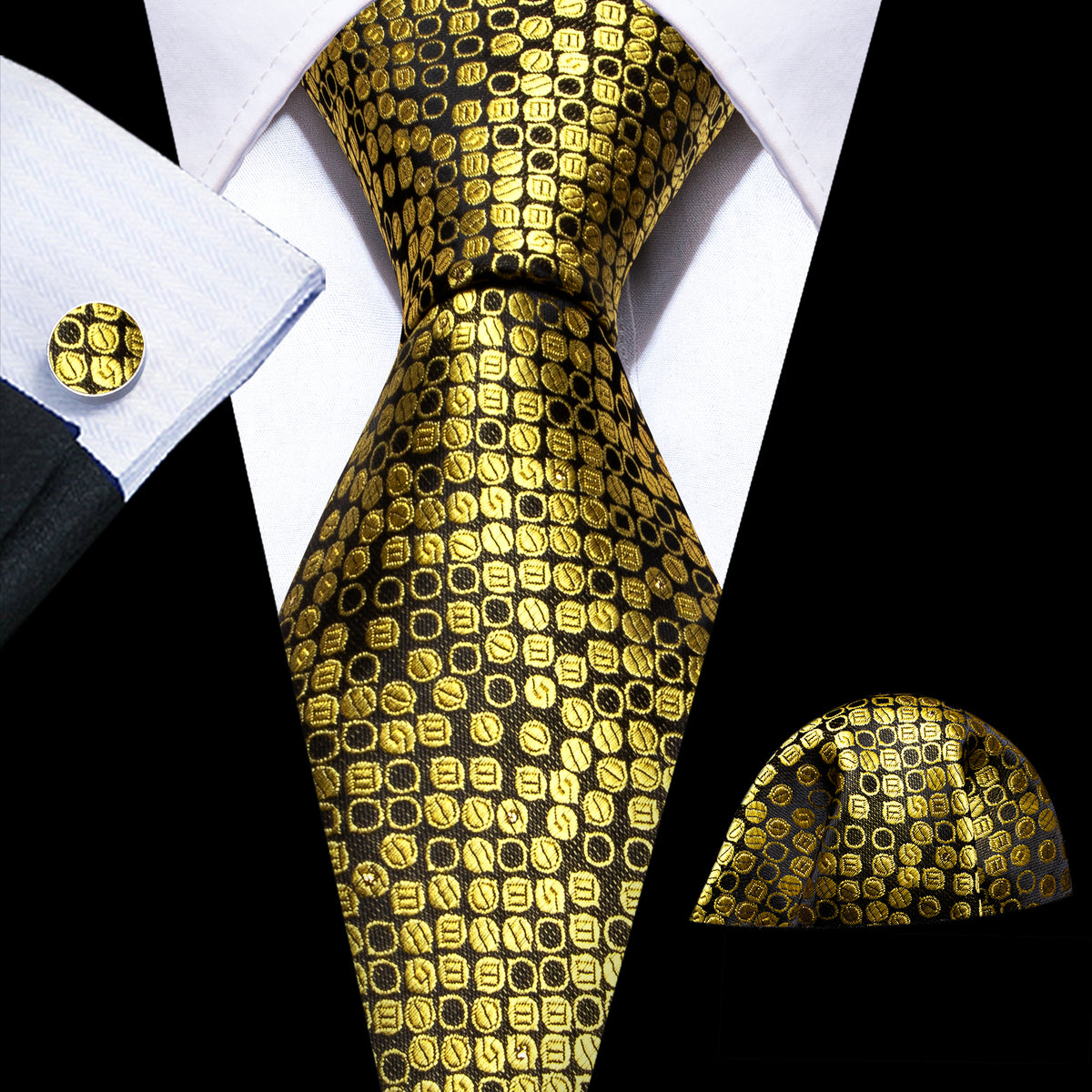 Gold Black Round Silk Tie, Pocket Square and Cufflinks Set tie sets - Sophisticated Gentlemen