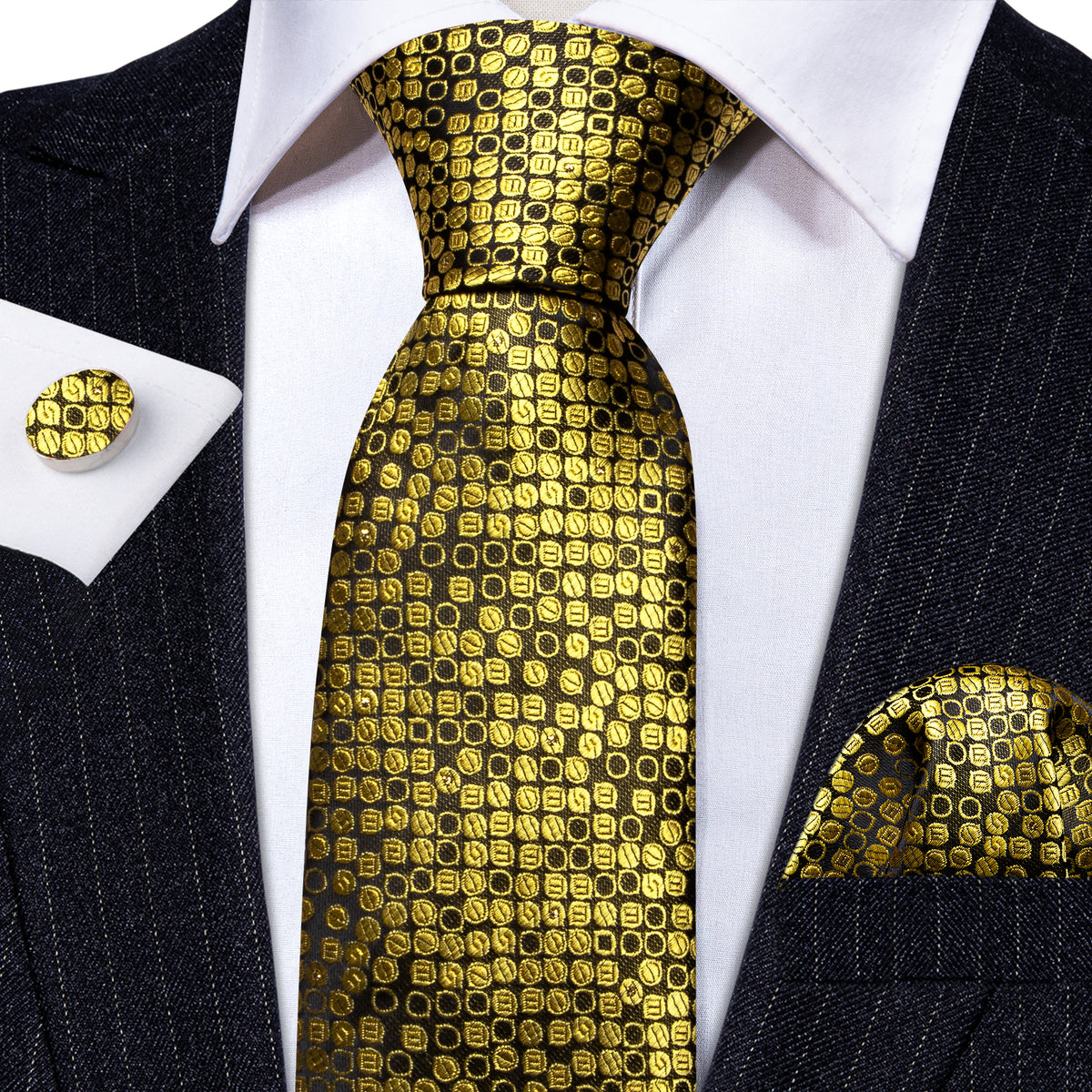 Gold Black Round Silk Tie, Pocket Square and Cufflinks Set tie sets - Sophisticated Gentlemen