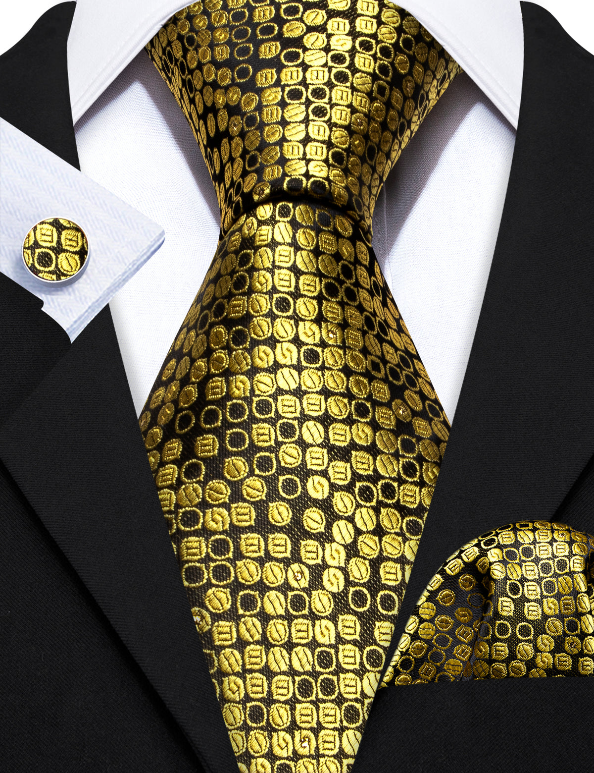 Gold Black Round Silk Tie, Pocket Square and Cufflinks Set tie sets - Sophisticated Gentlemen