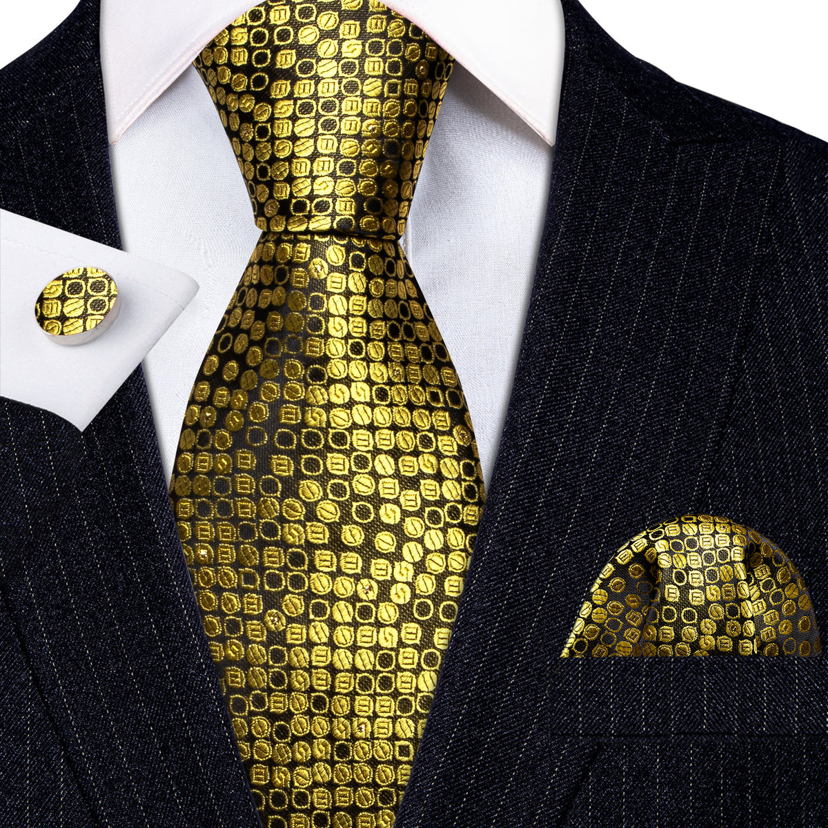 Gold Black Round Silk Tie, Pocket Square and Cufflinks Set tie sets - Sophisticated Gentlemen