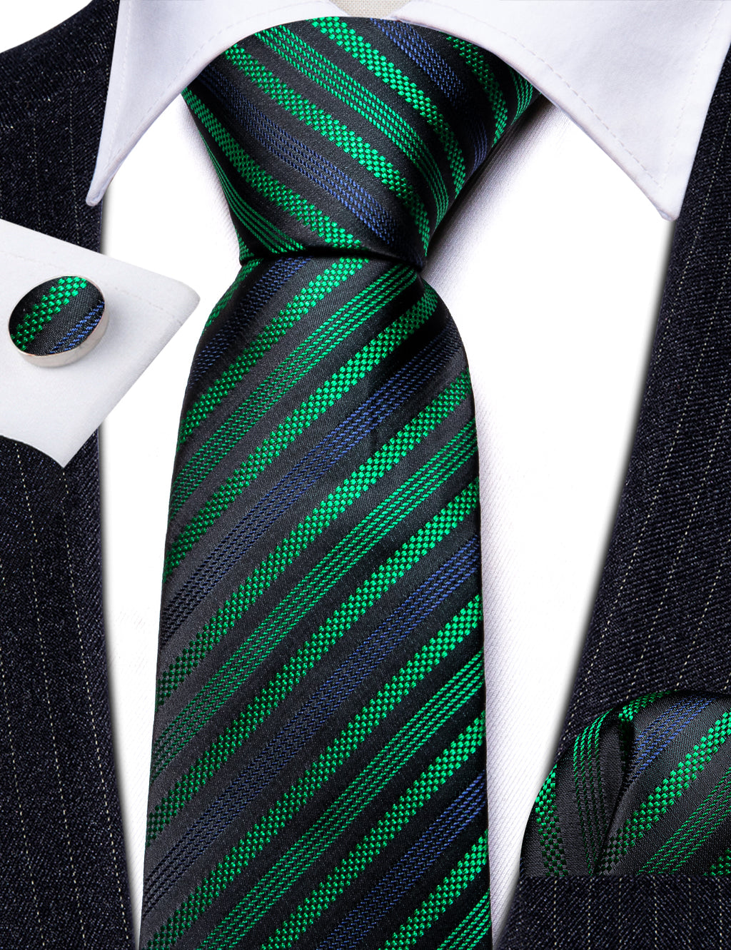 Black Green Blue Jacquard Striped Silk Tie, Pocket Square and Cufflinks Set tie sets - Sophisticated Gentlemen