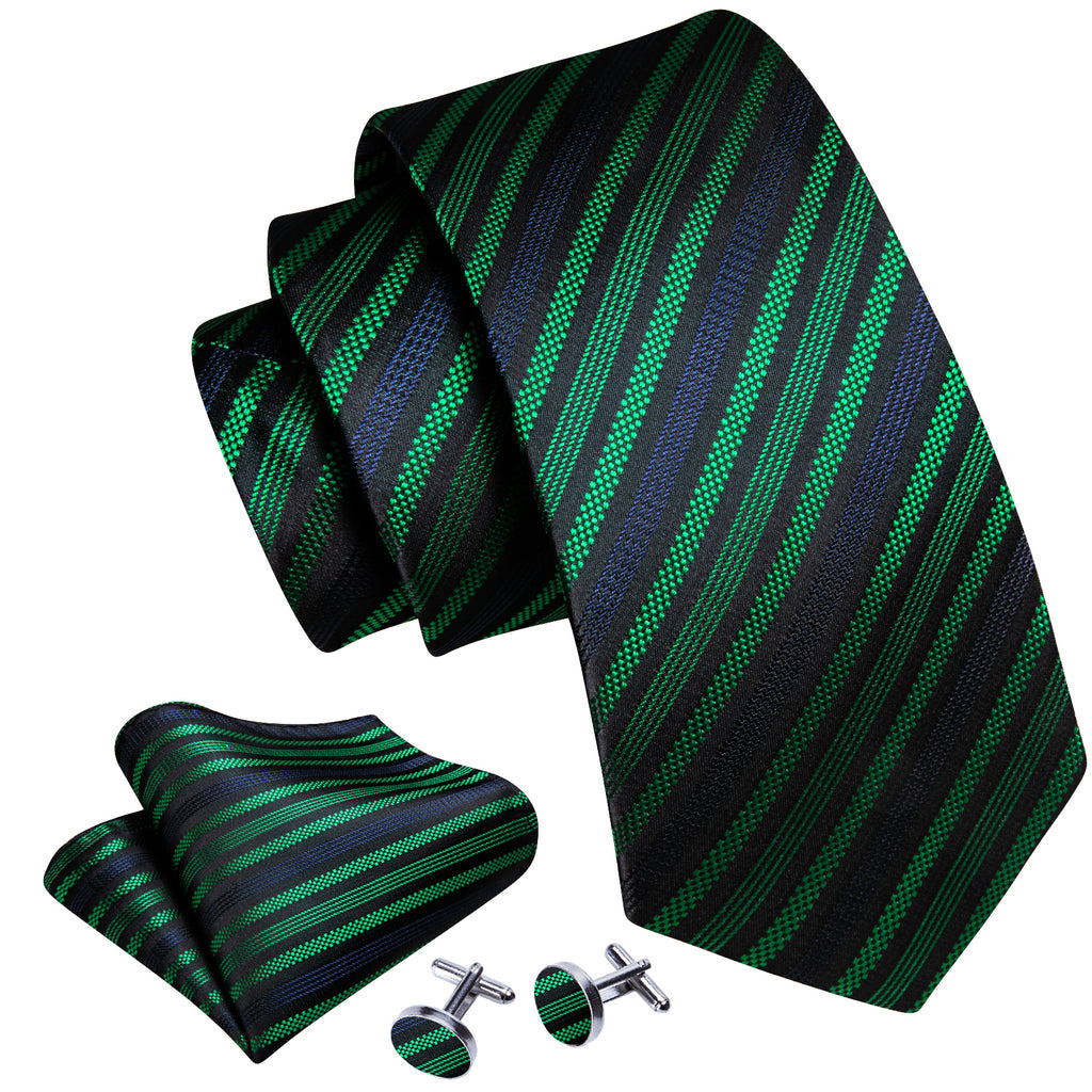 Black Green Blue Jacquard Striped Silk Tie, Pocket Square and Cufflinks Set tie sets - Sophisticated Gentlemen