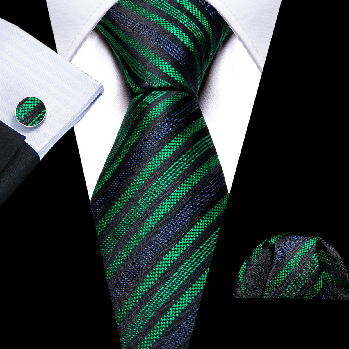 Black Green Blue Jacquard Striped Silk Tie, Pocket Square and Cufflinks Set tie sets - Sophisticated Gentlemen
