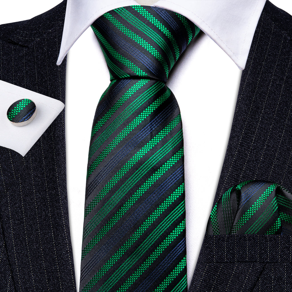 Black Green Blue Jacquard Striped Silk Tie, Pocket Square and Cufflinks Set tie sets - Sophisticated Gentlemen