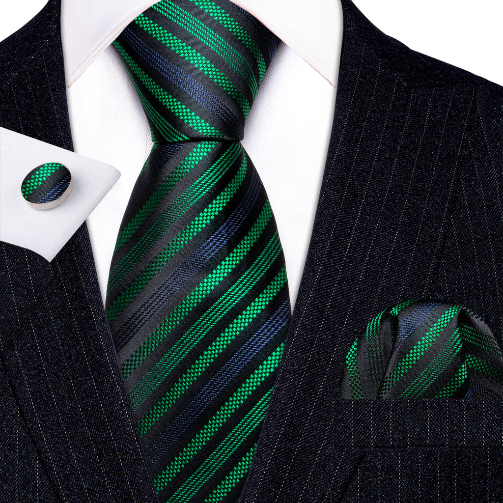 Black Green Blue Jacquard Striped Silk Tie, Pocket Square and Cufflinks Set tie sets - Sophisticated Gentlemen