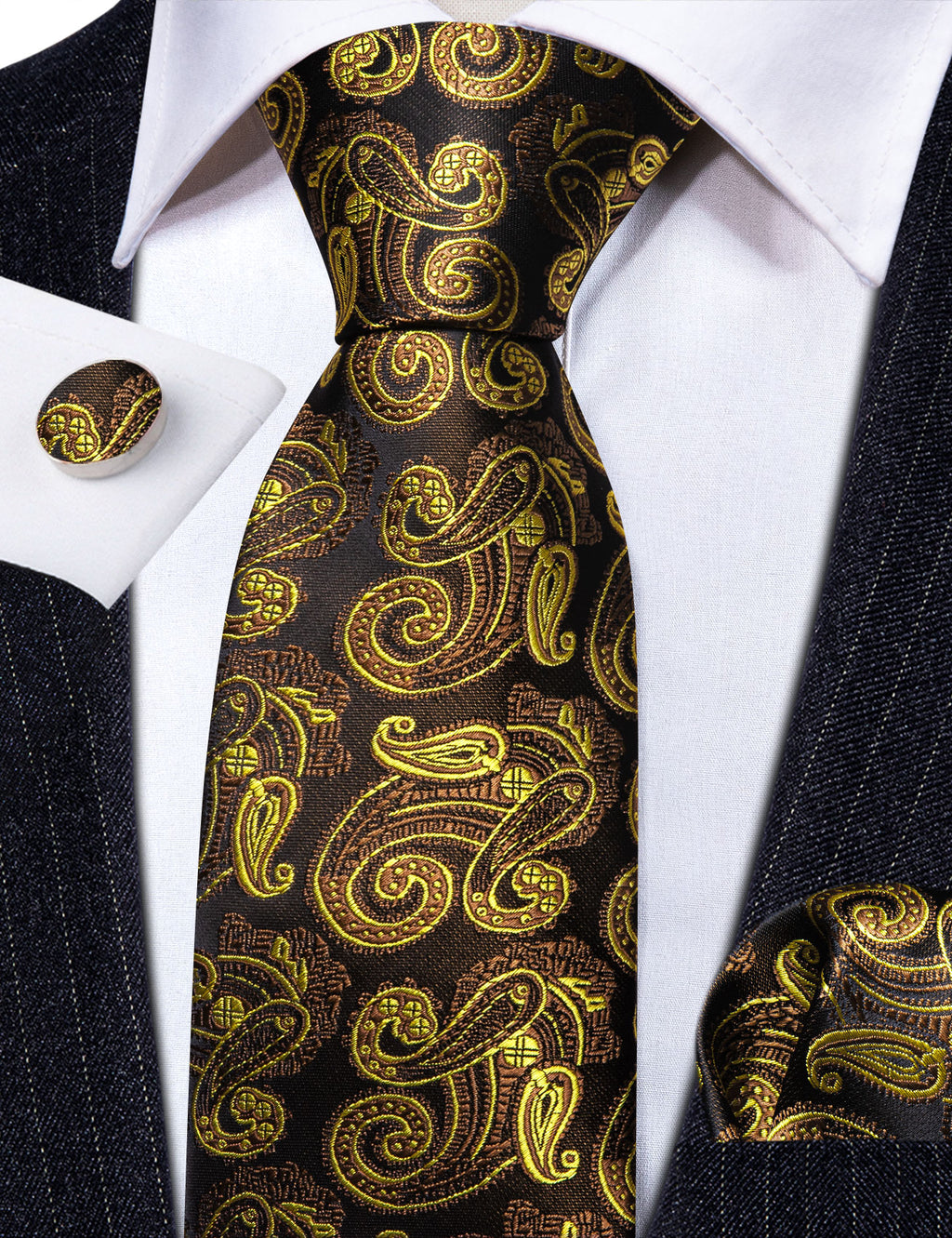 Gold Brown Paisley Tie, Pocket Square and Cufflinks Set tie sets - Sophisticated Gentlemen