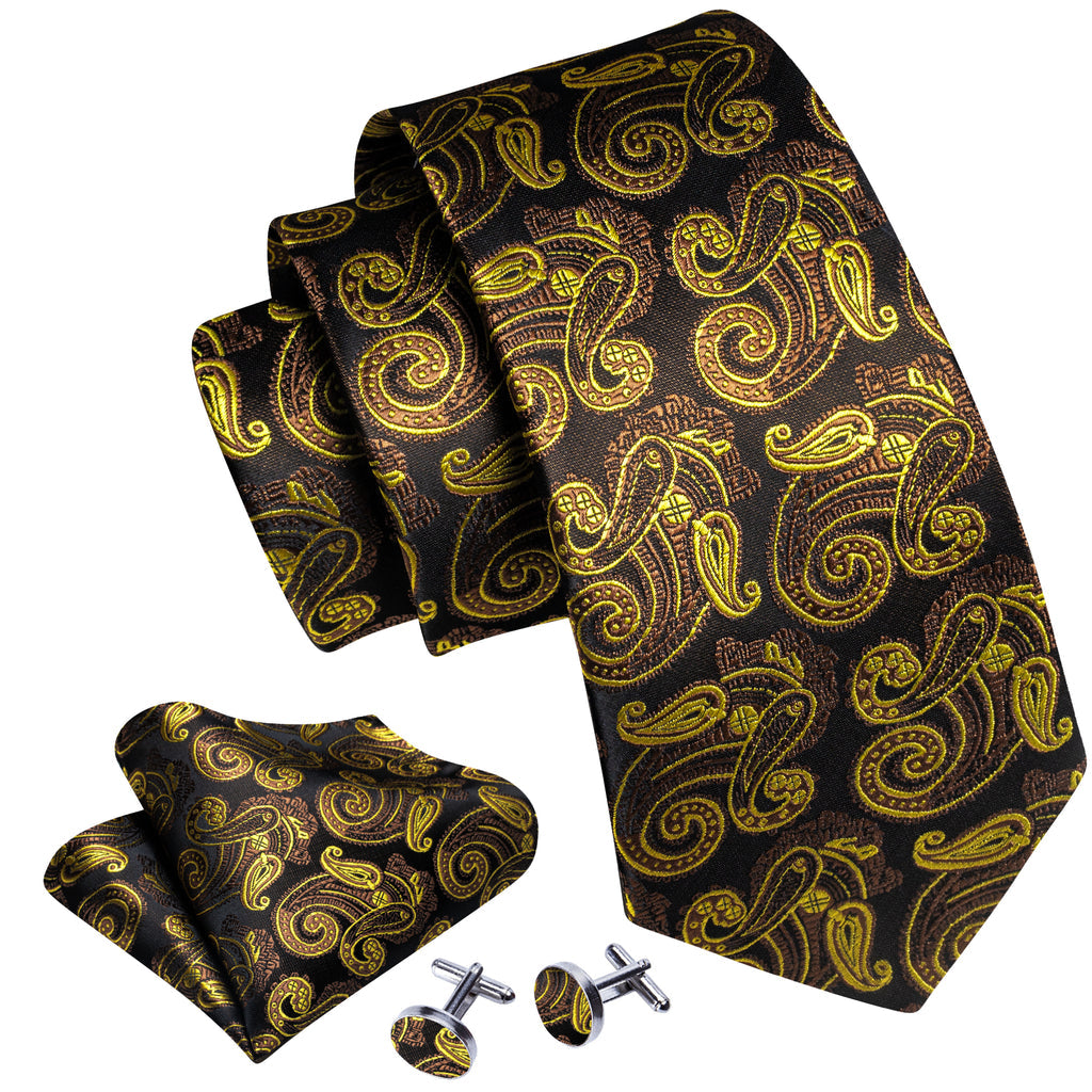 Gold Brown Paisley Tie, Pocket Square and Cufflinks Set tie sets - Sophisticated Gentlemen