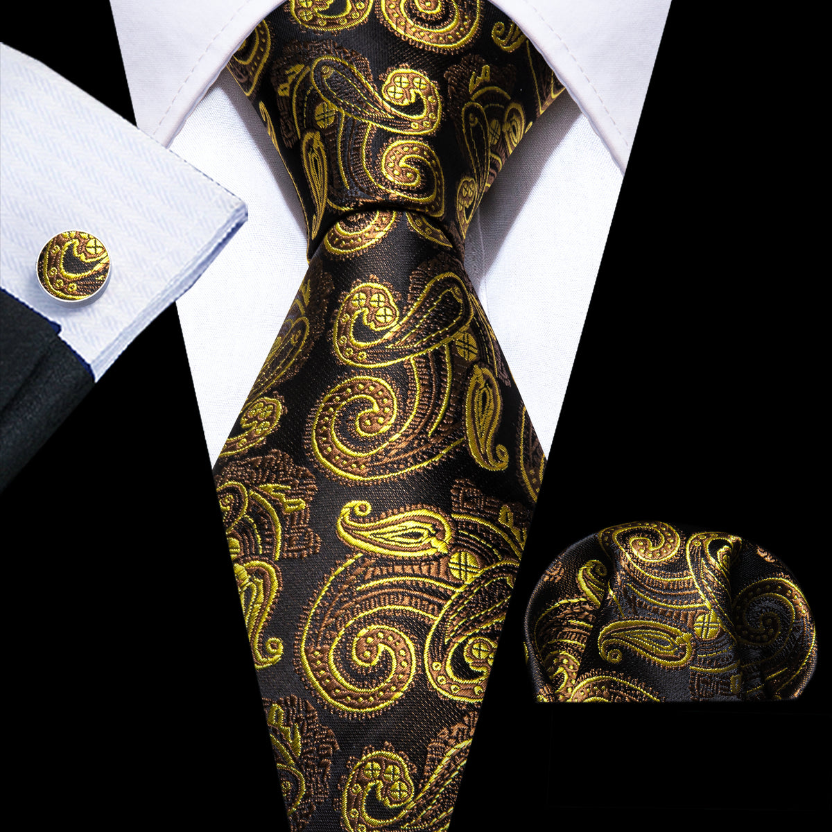 Gold Brown Paisley Tie, Pocket Square and Cufflinks Set tie sets - Sophisticated Gentlemen