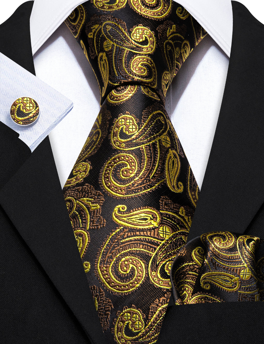 Gold Brown Paisley Tie, Pocket Square and Cufflinks Set tie sets - Sophisticated Gentlemen