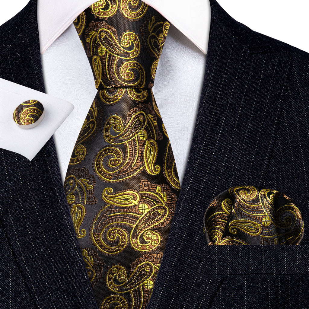 Gold Brown Paisley Tie, Pocket Square and Cufflinks Set tie sets - Sophisticated Gentlemen