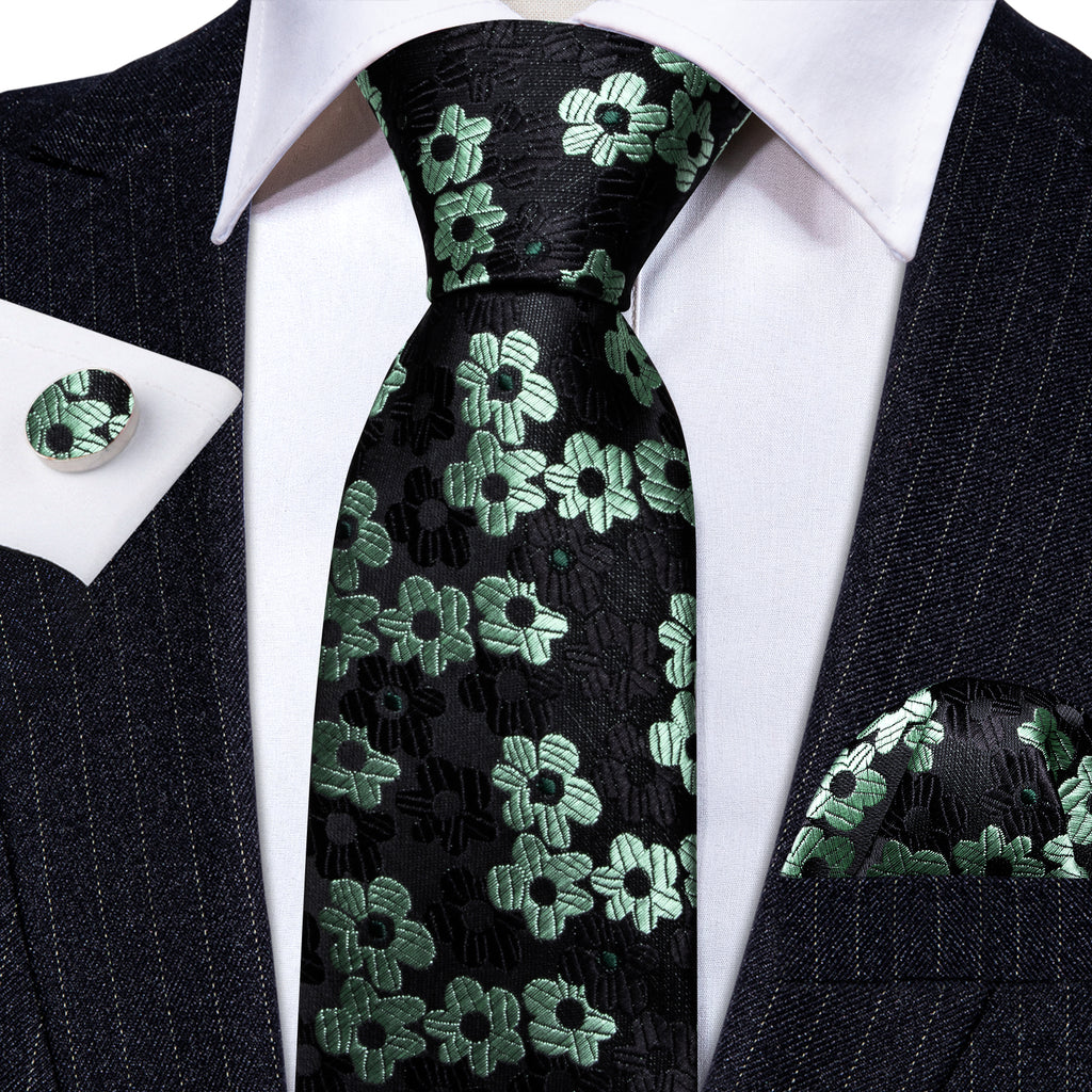 Black Light Green Floral Jacquard Tie, Pocket Square and Cufflinks Set tie sets - Sophisticated Gentlemen
