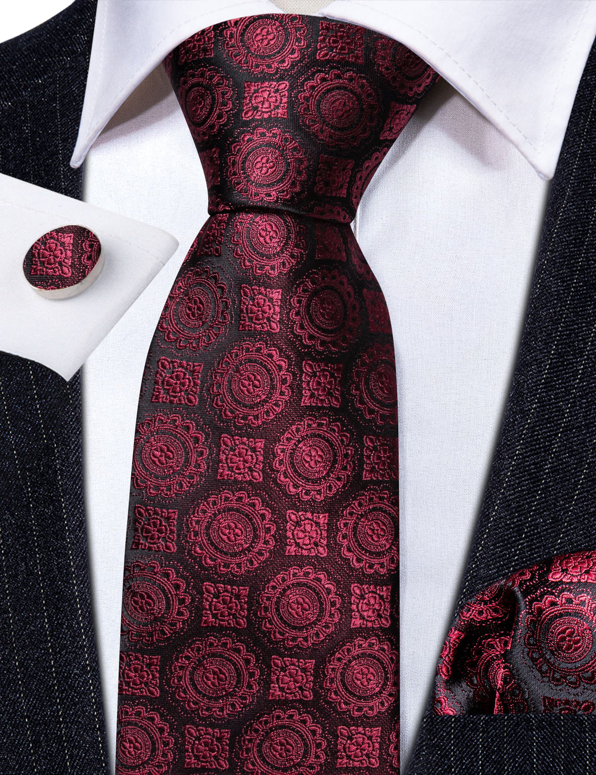 Burgundy Silk Novelty Tie, Pocket Square and Cufflinks Set tie sets - Sophisticated Gentlemen