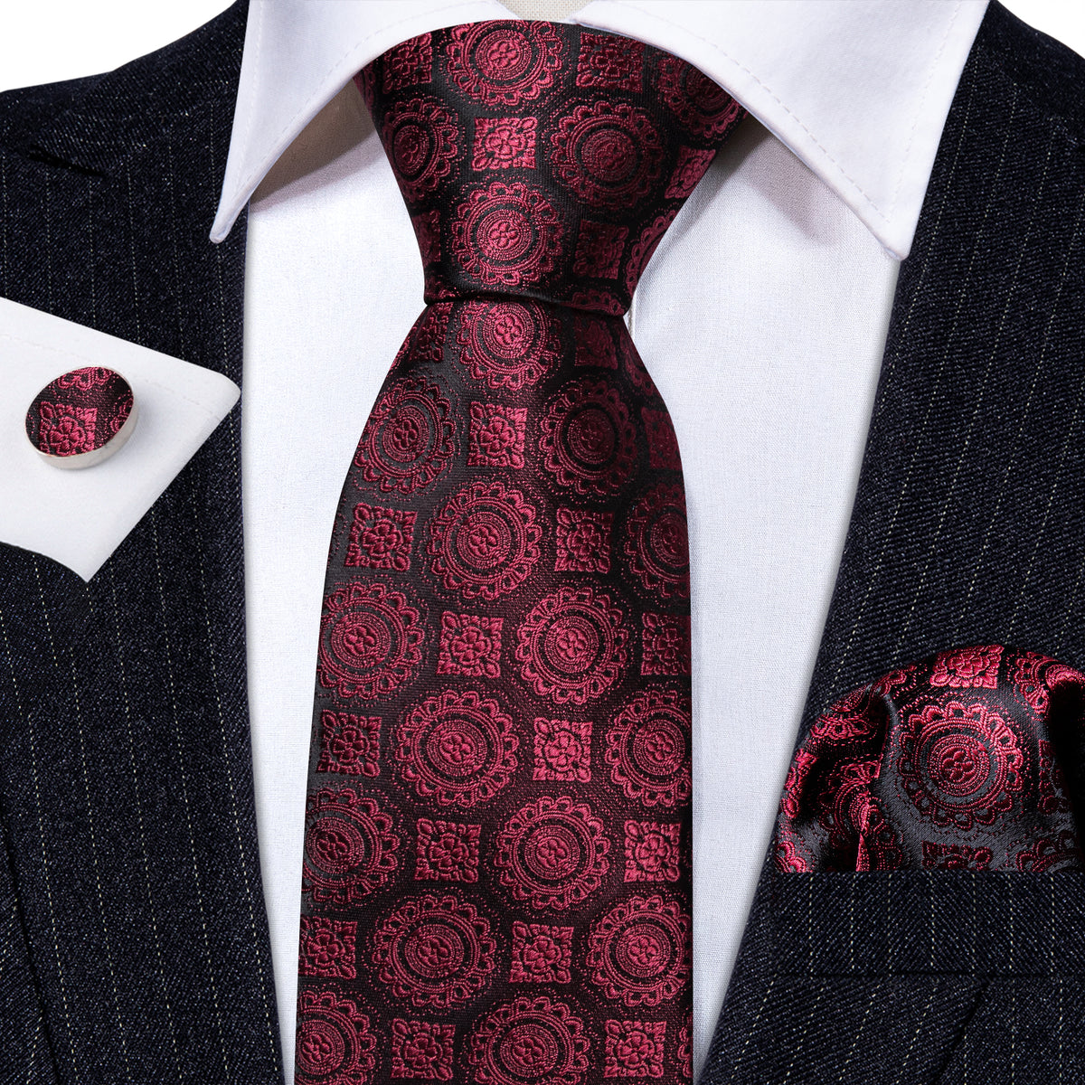 Burgundy Silk Novelty Tie, Pocket Square and Cufflinks Set tie sets - Sophisticated Gentlemen