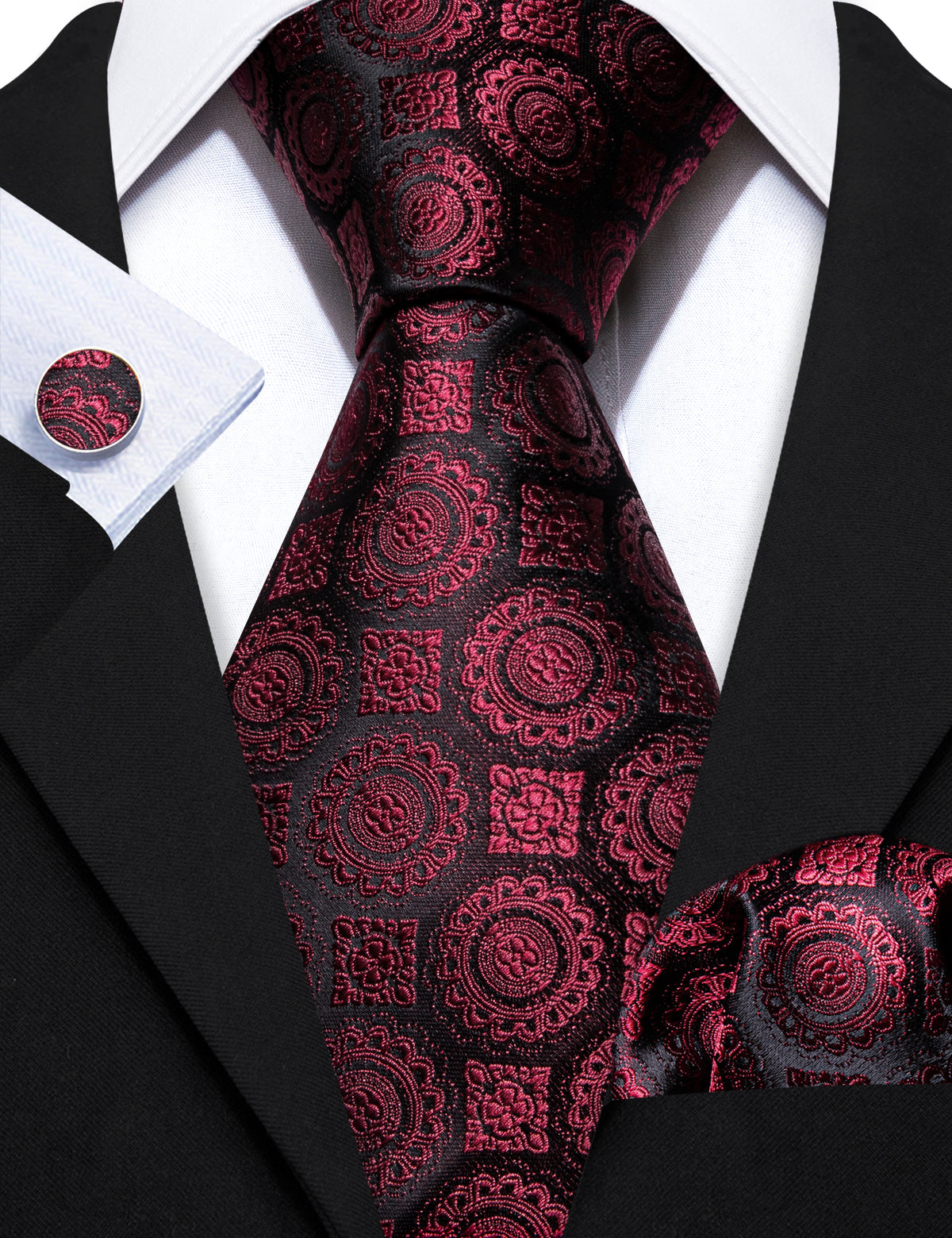Burgundy Silk Novelty Tie, Pocket Square and Cufflinks Set tie sets - Sophisticated Gentlemen