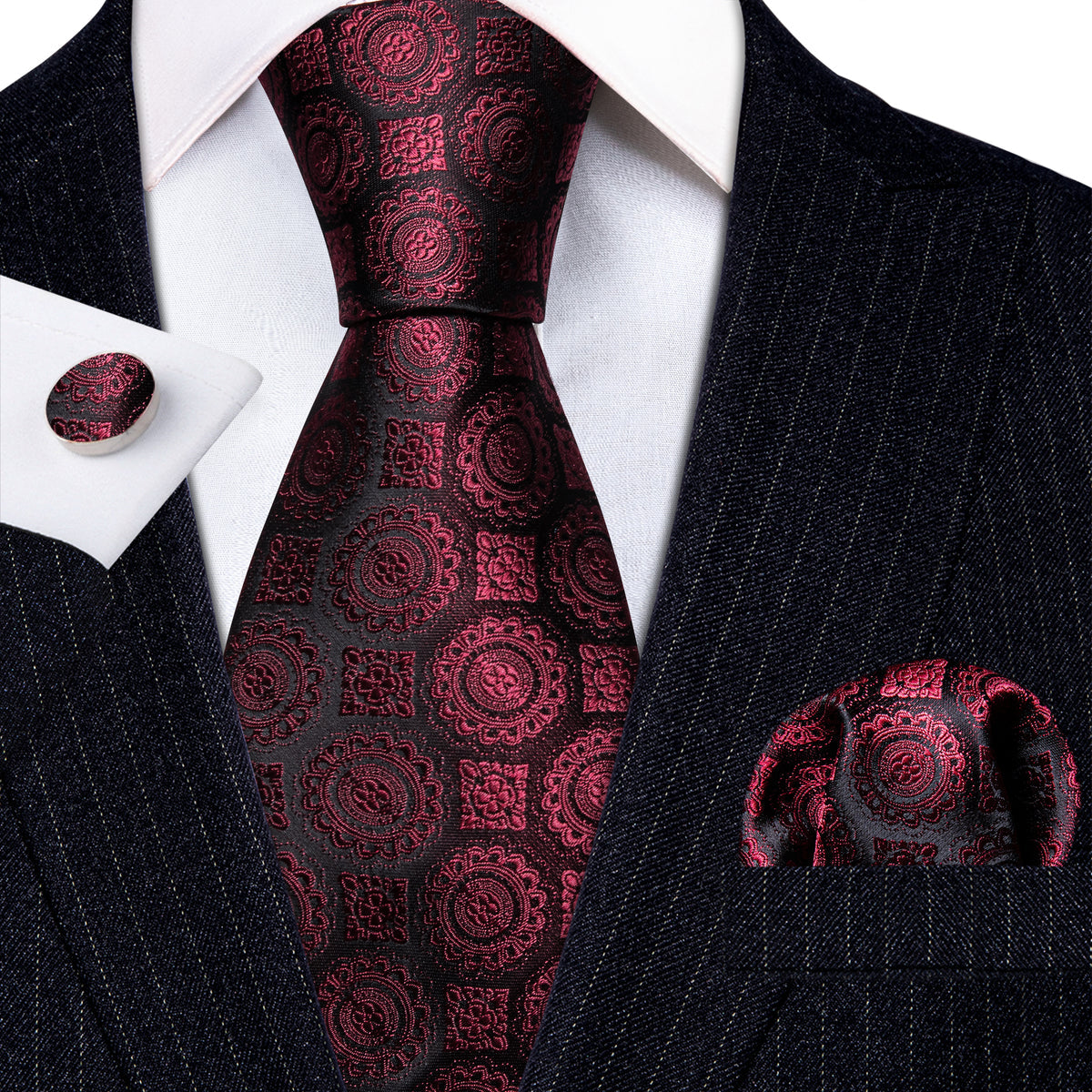 Burgundy Silk Novelty Tie, Pocket Square and Cufflinks Set tie sets - Sophisticated Gentlemen