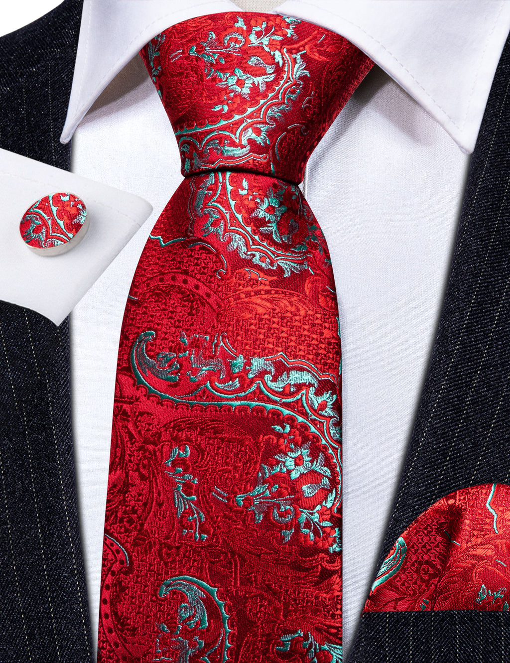 Red Sky Blue Paisley Silk Tie, Pocket Square and Cufflinks Set tie sets - Sophisticated Gentlemen