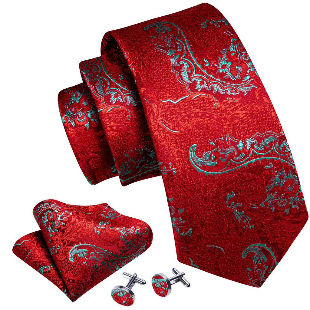 Red Sky Blue Paisley Silk Tie, Pocket Square and Cufflinks Set tie sets - Sophisticated Gentlemen
