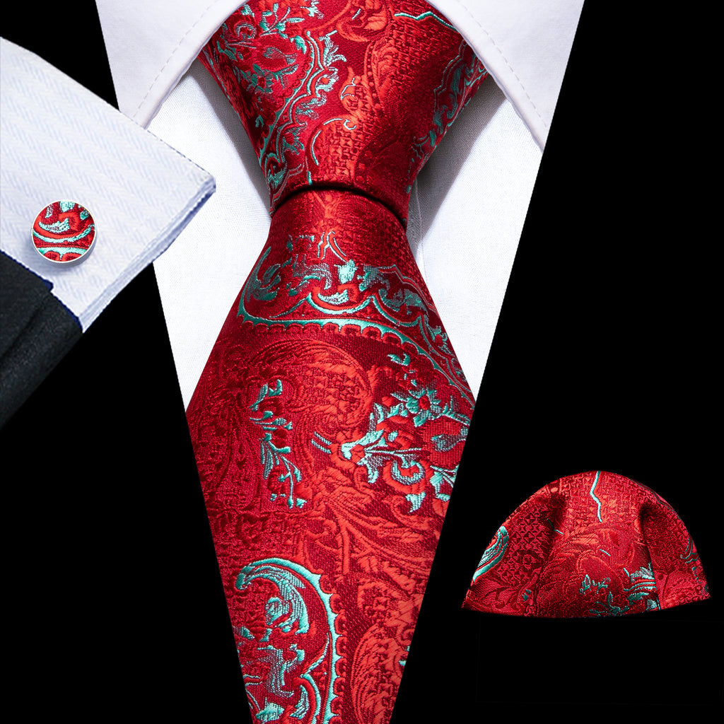 Red Sky Blue Paisley Silk Tie, Pocket Square and Cufflinks Set tie sets - Sophisticated Gentlemen