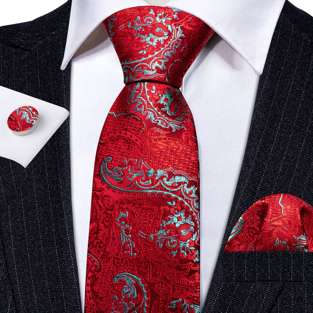Red Sky Blue Paisley Silk Tie, Pocket Square and Cufflinks Set tie sets - Sophisticated Gentlemen