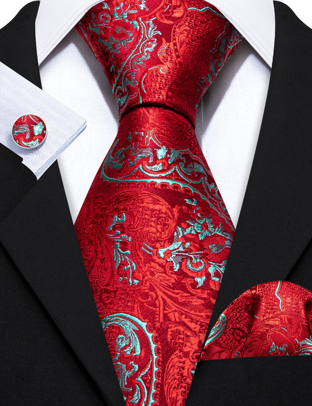 Red Sky Blue Paisley Silk Tie, Pocket Square and Cufflinks Set tie sets - Sophisticated Gentlemen
