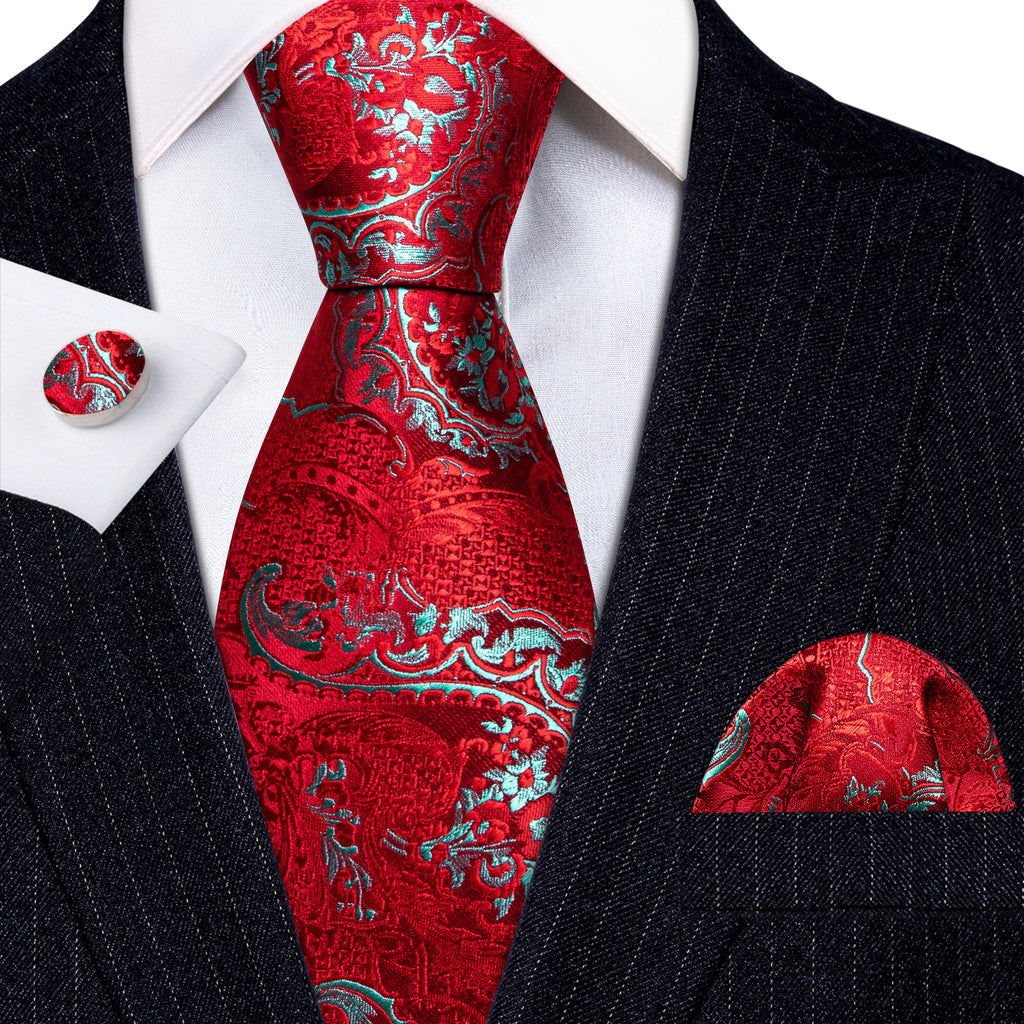 Red Sky Blue Paisley Silk Tie, Pocket Square and Cufflinks Set tie sets - Sophisticated Gentlemen
