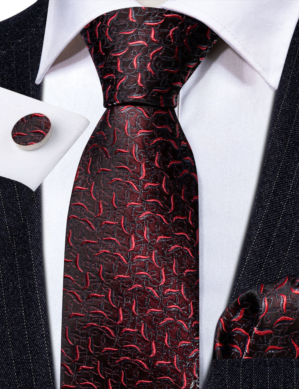 Black Red Floral Silk Tie, Pocket Square and Cufflinks Set tie sets - Sophisticated Gentlemen
