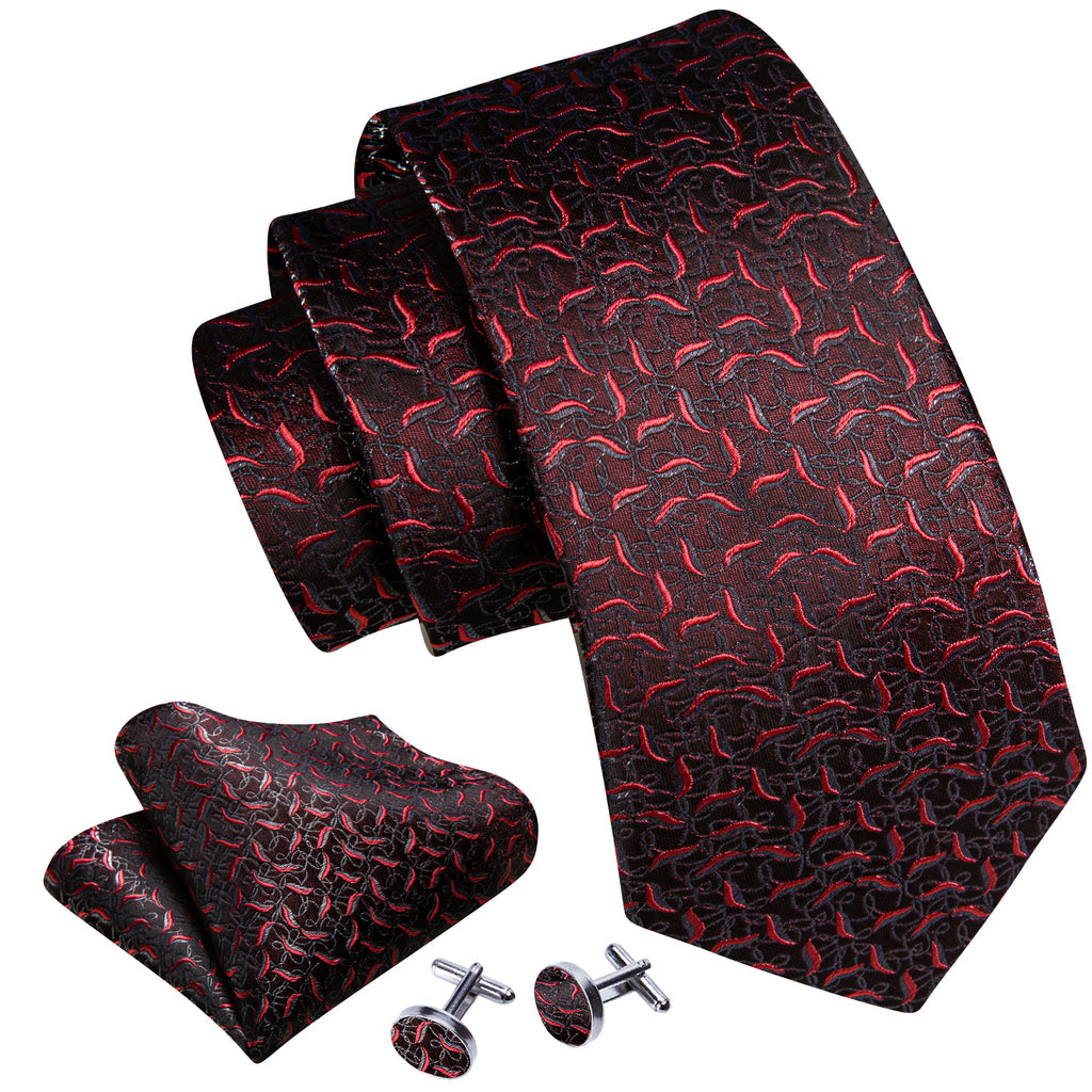 Black Red Floral Silk Tie, Pocket Square and Cufflinks Set tie sets - Sophisticated Gentlemen