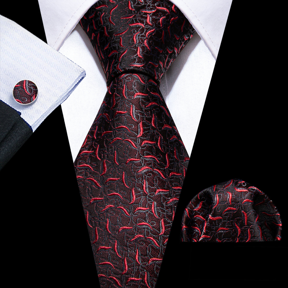 Black Red Floral Silk Tie, Pocket Square and Cufflinks Set tie sets - Sophisticated Gentlemen