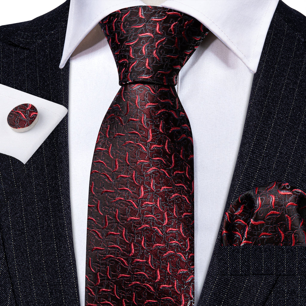 Black Red Floral Silk Tie, Pocket Square and Cufflinks Set tie sets - Sophisticated Gentlemen