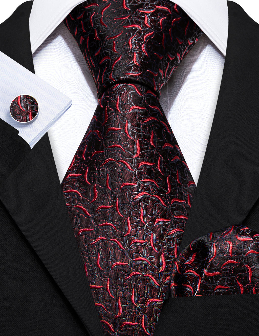 Black Red Floral Silk Tie, Pocket Square and Cufflinks Set tie sets - Sophisticated Gentlemen
