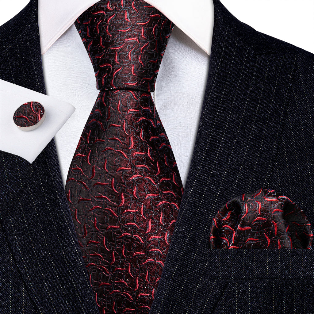 Black Red Floral Silk Tie, Pocket Square and Cufflinks Set tie sets - Sophisticated Gentlemen