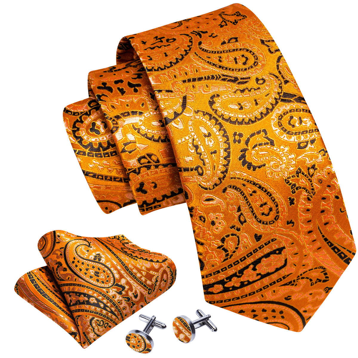 Gold Orange Black Paisley Tie, Pocket Square and Cufflinks Set tie sets - Sophisticated Gentlemen